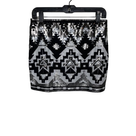 Express Sequin Mini Skirt Women’s Small Black Silver Geometric Party Night Out - Picture 2 of 7